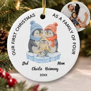 First Christmas Family of Four Cute Penguins Photo Ceramic Tree Decoration