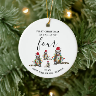 First Christmas Family of Four Cute Raccoon  Ceramic Tree Decoration