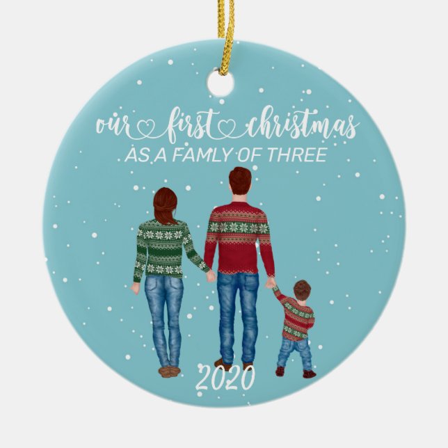 First Christmas Family of Three Brown Hair Boy Ceramic Tree Decoration (Front)