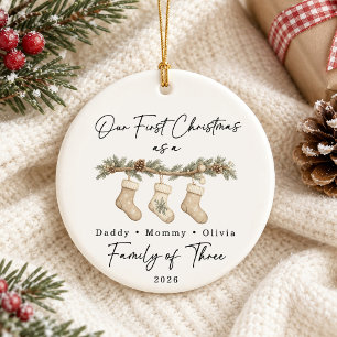 First Christmas Family of Three Custom Ceramic Tree Decoration