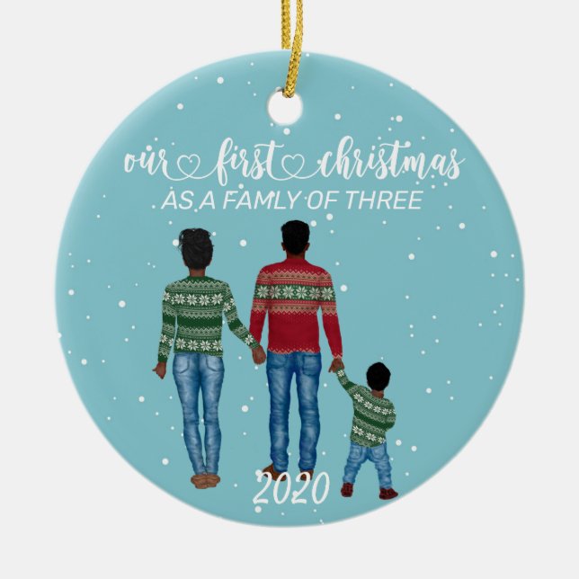 First Christmas Family of Three Ethnic Boy Ceramic Tree Decoration (Front)