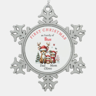 First Christmas family of three Keepsake Photo Snowflake Pewter Christmas Ornament