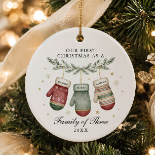 First Christmas Family of Three Personalised Ceramic Tree Decoration