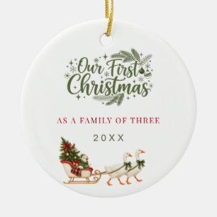 First Christmas Family of Three photo Goose Ceramic Tree Decoration