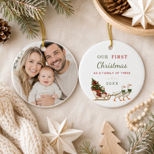 First Christmas Family of Three photo Goose Ceramic Tree Decoration