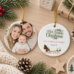 First Christmas Family of Three photo Goose Ceramic Tree Decoration