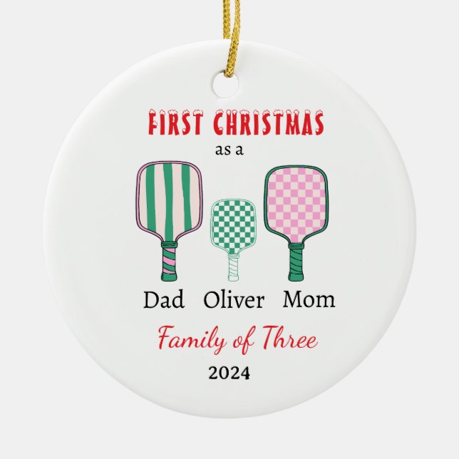 First Christmas family of three Photo Keepsake Ceramic Tree Decoration (Front)