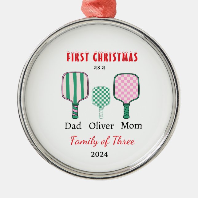 First Christmas family of three Photo Keepsake Metal Tree Decoration (Front)
