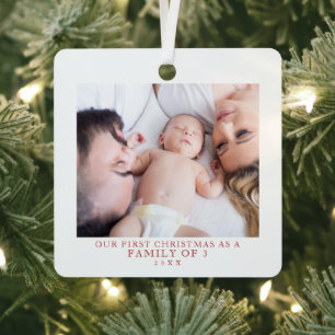First Christmas Family of Three Photo Metal Tree Decoration