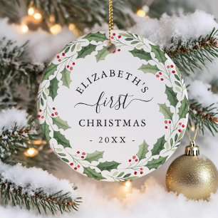 First Christmas Floral Greenery Wreath Ceramic Tree Decoration