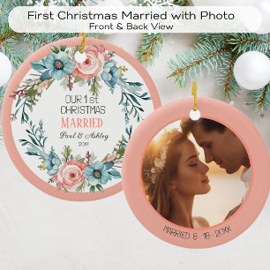 First Christmas Floral  Married Photo and Date Ceramic Tree Decoration
