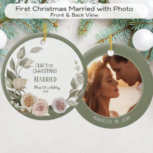 First Christmas Floral Married Photo Date Ceramic Tree Decoration