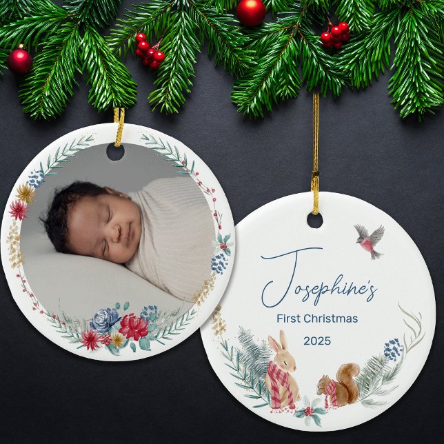 First Christmas Floral Woodland Animal Baby Photo  Ceramic Tree Decoration (Creator Uploaded)