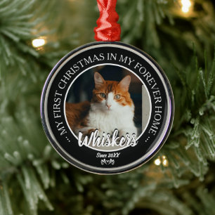 First Christmas Forever Home Cat Photo and Name Metal Tree Decoration