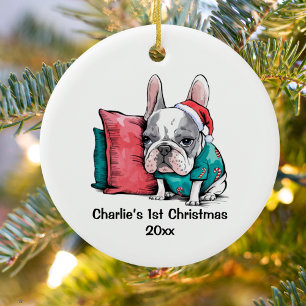 First Christmas French bulldog Santa hat sweater Ceramic Tree Decoration