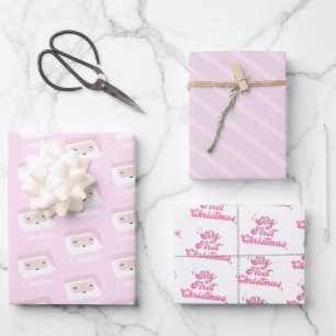 First Christmas Girls Pink Custom Wrapping Paper Sheet
