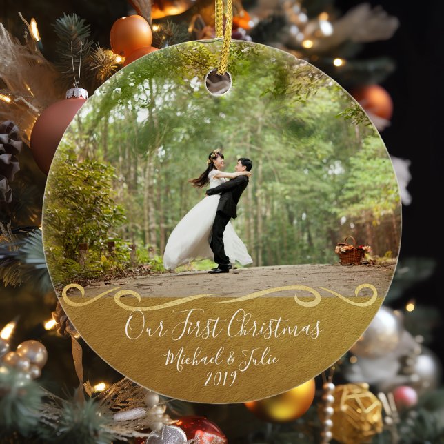 First Christmas Gold Custom Couple Personalised Ceramic Tree Decoration (Creator Uploaded)