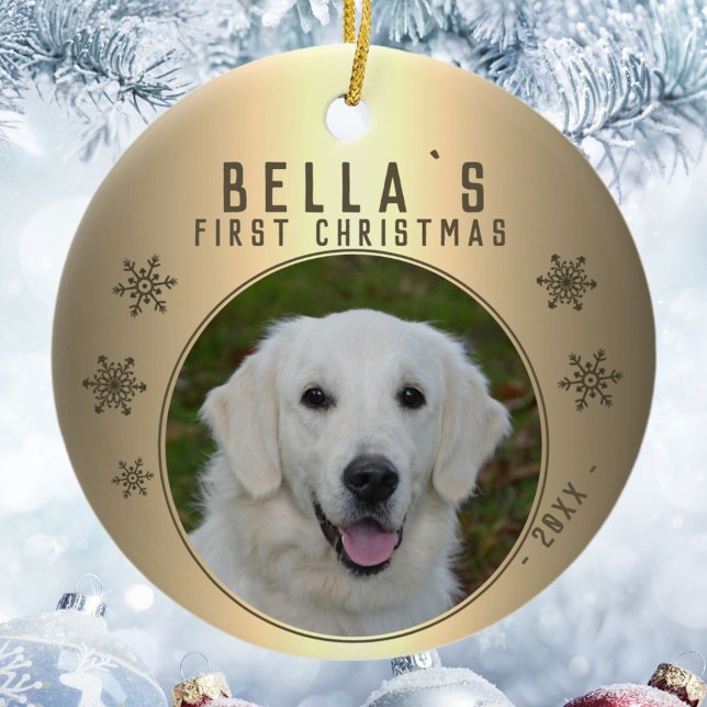 First Christmas Golden Snowflake Puppy Photo Ceramic Tree Decoration (Creator Uploaded)