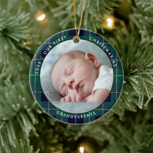 First Christmas Grandparent Green Blue Plaid Photo Ceramic Tree Decoration
