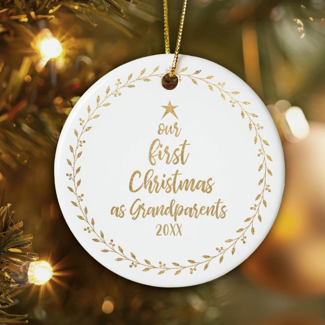 First Christmas Grandparent Photo Ceramic Tree Decoration (An elegant gold 1st christmas as grandparents photo ornament. Add photo on back.)