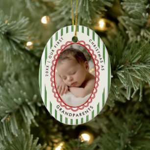 First Christmas Grandparent Red Green Stripe Photo Ceramic Tree Decoration