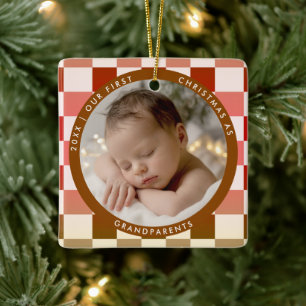 First Christmas Grandparent Retro Checkered Photo Ceramic Ornament