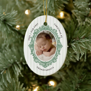 First Christmas Grandparent Vintage Stripes Photo Ceramic Tree Decoration