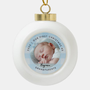 First Christmas Grandparents Blue Check Baby Photo Ceramic Ball Christmas Ornament