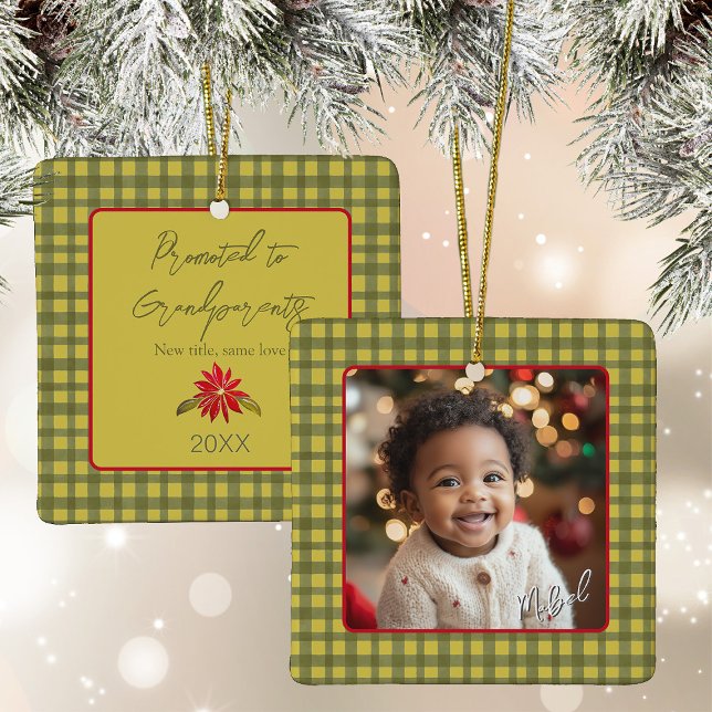 First Christmas Grandparents Photo Green Gingham Ceramic Ornament (Creator Uploaded)