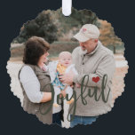 First Christmas grandparents photo script modern Tree Decoration Card<br><div class="desc">Modern Joyful dark red burgundy and green script and heart First Christmas as grandparents keepsake tree ornament card for grandma and grandpa and their first grandchild,  grandson or granddaughter.</div>
