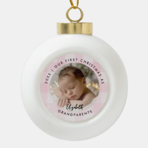 First Christmas Grandparents Pink Check Baby Photo Ceramic Ball Christmas Ornament