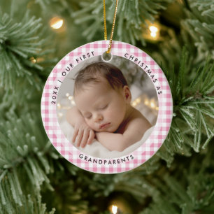First Christmas Grandparents Pink Gingham 2 Photo Ceramic Tree Decoration