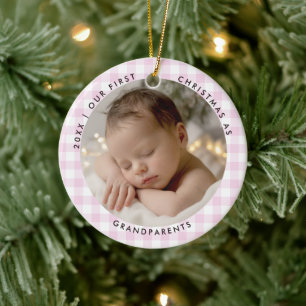 First Christmas Grandparents Pink Gingham Photo Ceramic Tree Decoration