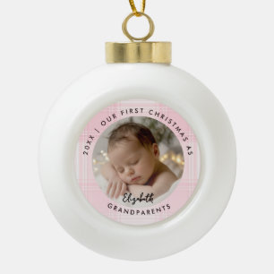 First Christmas Grandparents Pink Plaid Baby Photo Ceramic Ball Christmas Ornament