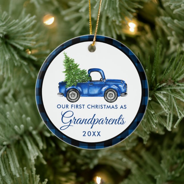 First Christmas Grandparents Truck Blue Plaid Ceramic Tree Decoration (Tree)
