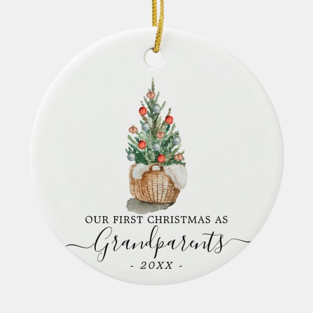 First Christmas Grandparents with photo and tree Ceramic Tree Decoration (Front)