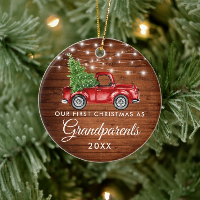First Christmas Grandparents Wood Truck Lights Ceramic Tree Decoration (Tree)