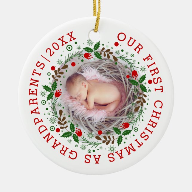 First Christmas grandparents wreath photo Ceramic Tree Decoration (Front)