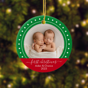 First Christmas Green and Red Dots Ceramic Tree Decoration