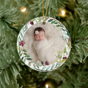 First Christmas Green Holiday Wreath Baby Photo Ceramic Tree Decoration