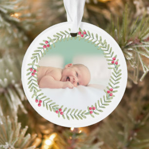 First Christmas Green Holiday Wreath Baby Photo Ornament