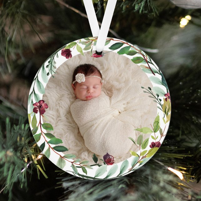 First Christmas Green Holiday Wreath Baby Photo Ornament (Creator Uploaded)