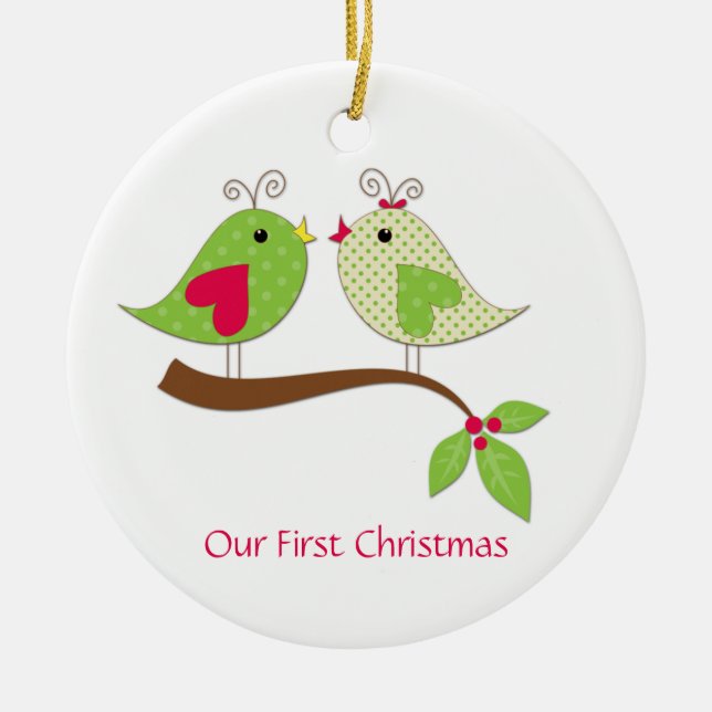 First Christmas Green Polka Dot LoveBirds on Holly Ceramic Tree Decoration (Front)