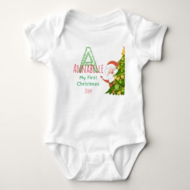 First Christmas Green Red Editable Monogram Baby Bodysuit (Front)
