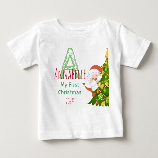 First Christmas Green Red Editable Monogram Baby T-Shirt (Front)