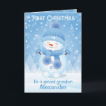 First Christmas | Greeting Card Grandson<br><div class="desc">Send out this beautiful card in blue and white colours with cute baby snowman to congratulate your grandson with First Christmas. You can personalise the name on the front page and change wording to your own text inside of the card by clicking "PERSONALIZE" option. Thank you for visiting my shop...</div>