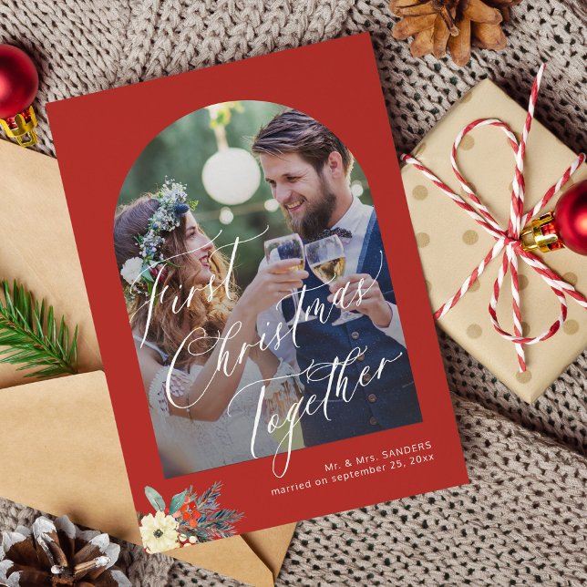 First Christmas handwritten script wedding photo Holiday Card (Creator Uploaded)