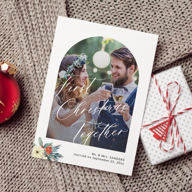 First Christmas handwritten script wedding photo Holiday Card (Creator Uploaded)