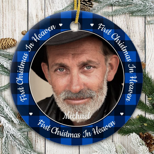 First Christmas Heaven Blue Plaid Photo Memorial Ceramic Tree Decoration (Creator Uploaded)