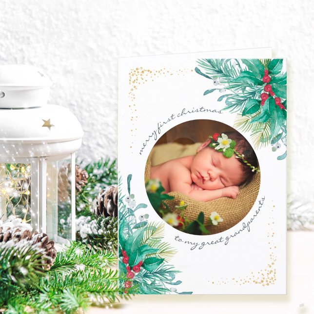 First Christmas Holly and Mistletoe Baby Photo Hol Holiday Card (Creator Uploaded)